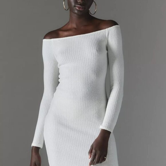 NWT UO Silence + Noise Cookie Cozy Off the Shoulder Cream Knit Midi Dress - Picture 2 of 6